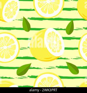 Motivo vettoriale senza cuciture con limoni e foglie disegnati a mano. Sfondo agrumato fresco, carta da parati. Tessuto a righe a ripetizione con frutta tropicale Illustrazione Vettoriale