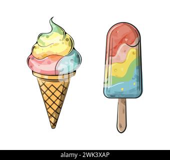 Set di illustrazioni vettoriali per gelati disegnati a mano. Illustrazione Vettoriale