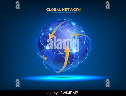 Globo mondiale. Mappa della rete globale. Tecnologia di connessione a Internet. Il satellite viaggia sulla Terra. Pianeta e linea freccia. Tecnologia Web. Comunicazione digitale. Connessione online. Scintille blu. Sfondo astratto vettoriale Illustrazione Vettoriale