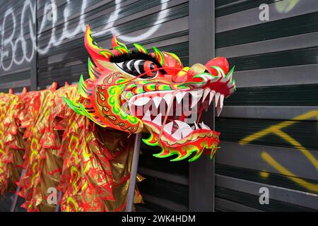 Torino, Italia - 18 febbraio 2024: Danza del drago durante la sfilata del capodanno cinese per le vie del centro città Foto Stock