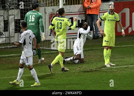 Eupen, Belgio. 18 febbraio 2024. Reagan Charles-Cook di Eupen reagisce durante una partita di calcio tra KAS Eupen e KAA Gent, domenica 18 febbraio 2024 a Eupen, il giorno 26 della prima divisione del campionato belga 'Jupiler Pro League' 2023-2024. BELGA FOTO JOHN THYS credito: Belga News Agency/Alamy Live News Foto Stock