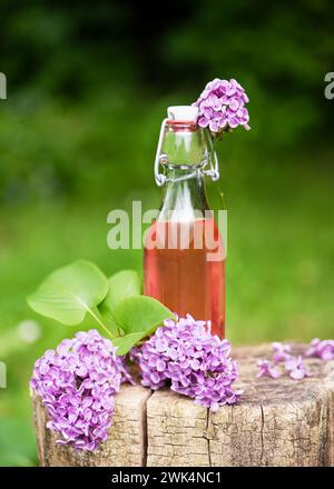 Sciroppo di fiori di lilla fatto in casa in una bottiglia di vetro con un fiore rosa pastello su un vecchio ceppo di albero rustico nel giardino del cottage. Messa a fuoco selettiva. Foto Stock