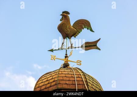 Splendida vista della paletta meteorologica sotto forma di gallo metallico e di una freccia con le direzioni della bussola contro il cielo blu senza nuvole. Curacao. Foto Stock