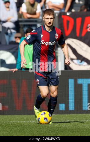 Stefan Posch del Bologna gioca in serie A il 18 febbraio 2024 a Roma, Italia, la partita di calcio SS Lazio - Bologna FC Stadio Olimpico. Foto Stock