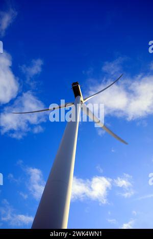 Primo piano di una turbina eolica e di un cielo azzurro pallido, i Paesi Bassi Foto Stock