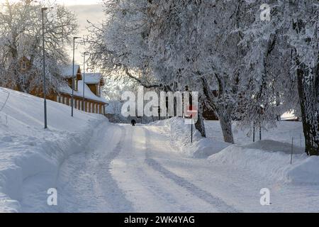 Horten, Norvegia, 18 febbraio 2024. Un uomo sta camminando su una strada innevata. Crediti: Frode Arnesen/Alamy Live News Foto Stock