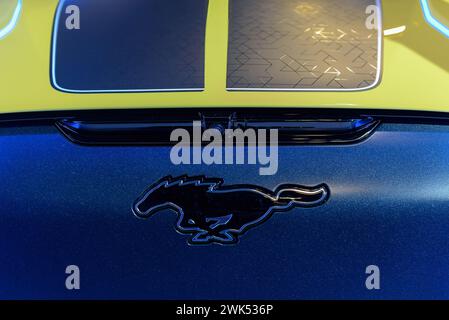 Logo di un'auto gialla e nera della Mustang. Foto Stock