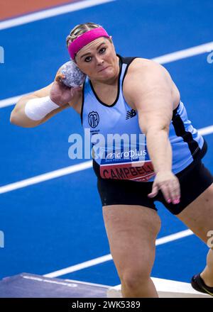 17/18 febbraio 2024, Utilita National Indoor Arena, Birmingham, Regno Unito. Evento: 2024 UK Indoor Athletics Championships. Didascalia: Campbell - UK Women’s Shot Put Champion 2024). Immagine: Mark Dunn / Alamy Live News (Sport) Foto Stock