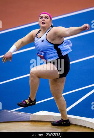 17/18 febbraio 2024, Utilita National Indoor Arena, Birmingham, Regno Unito. Evento: 2024 UK Indoor Athletics Championships. Didascalia: Campbell - UK Women’s Shot Put Champion 2024). Immagine: Mark Dunn / Alamy Live News (Sport) Foto Stock