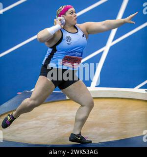 17/18 febbraio 2024, Utilita National Indoor Arena, Birmingham, Regno Unito. Evento: 2024 UK Indoor Athletics Championships. Didascalia: Campbell - UK Women’s Shot Put Champion 2024). Immagine: Mark Dunn / Alamy Live News (Sport) Foto Stock