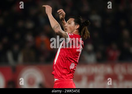 Monza, Italia. 18 febbraio 2024. Il Milan Djuric dell'AC Monza reagisce durante la partita di serie A tra AC Monza e AC Milan. Crediti: Nicolò campo/Alamy Live News Foto Stock