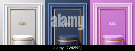 podio 3d. Sfondo ad arco di lusso con elegante piedistallo bianco nero o dorato, cornice rosa, presentazione cosmetica. Visualizzazione astratta del prodotto. Vetrina vuota per l'esposizione dei prodotti. Forme del cilindro vettoriale Illustrazione Vettoriale