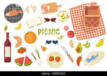set da picnic, elementi vettoriali in stile cartoni animati. Cibo, tovaglia, cestino. Vacanze all'aperto in primavera e in estate Illustrazione Vettoriale