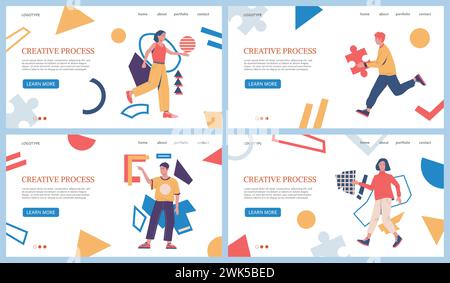 Pagina di destinazione del processo creativo. Persone con puzzle e forme geometriche. Modello di progettazione del sito Web. Idee di brainstorming e innovazione. Soluzione aziendale. Figure per seghetti alternativi. Creatività di lavoro. Sfondo vettoriale Illustrazione Vettoriale
