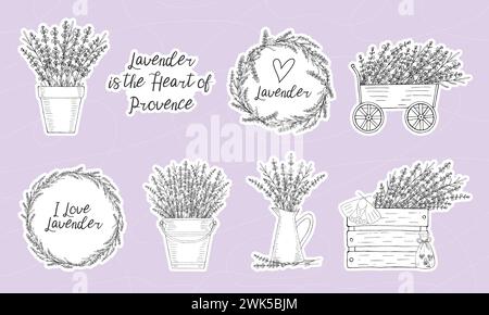 Confezione di adesivi lavanda in stile doodle sketch. Set vintage per la stampa di contorni neri disegnati a mano. Cuore della Provenza Illustrazione Vettoriale