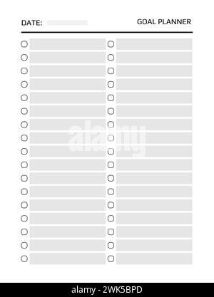 Pianificatore degli obiettivi. Foglio di carta per la pianificazione, modello di stile minimale per il notebook di monitoraggio, attività di scrittura per anno e mese, diario bianco, mockup stampabile dell'organizzatore tipografico. Illustrazione vettoriale Illustrazione Vettoriale