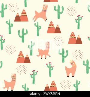 Grazioso motivo con lama, cactus, montagne alpine, catcher dei sogni, arcobaleni e cuori. Design della camera per bambini, tessuto stampato, carta da parati, confezione Illustrazione Vettoriale