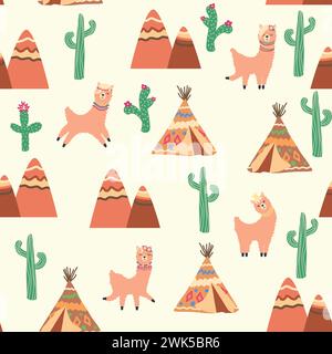 Grazioso motivo con lama, cactus, montagne alpine, catcher dei sogni, arcobaleni e cuori. Design della camera per bambini, tessuto stampato, carta da parati, confezione Illustrazione Vettoriale