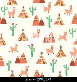 Grazioso motivo con lama, cactus, montagne alpine, catcher dei sogni, arcobaleni e cuori. Design della camera per bambini, tessuto stampato, carta da parati, confezione Illustrazione Vettoriale