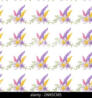 Motivo senza cuciture di fiori di narciso, foglie, piume rosa gialle viola modello di sfondo. Illustrazione ad acquerello disegnata a mano su sfondo bianco Foto Stock