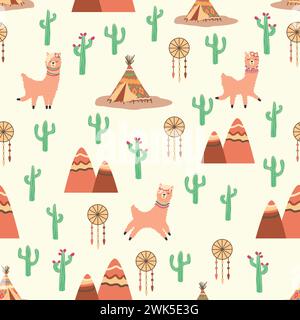 Grazioso motivo con lama, cactus, montagne alpine, catcher dei sogni, arcobaleni e cuori. Design della camera per bambini, tessuto stampato, carta da parati, confezione Illustrazione Vettoriale