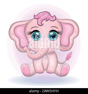 Carino elefante cartone animato, carattere infantile con occhi bellissimi. Illustrazione Vettoriale