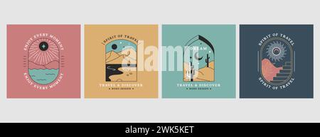 Emblemi boho lineari vettoriali con paesaggio montano. Loghi di viaggio con cactus, scale, deserto sabbioso, sole e luna, fiume o lago, simbolo celeste. Moderne icone bohémien o badge per le vacanze. Illustrazione Vettoriale