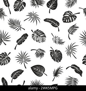 Motivo vettoriale senza cuciture con silhouette a foglia tropicale. Flat Vector Black and White Cutout Style Monstera, Ficus, Banana Leaf, Dracaena, Sabal Palm Illustrazione Vettoriale