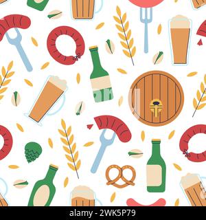 Birra senza cuciture. Sfondo elementi birreria. Cibo e bevande dell'Oktoberfest, botti di legno e salsicce. Design di stampa vettoriale alla moda Illustrazione Vettoriale