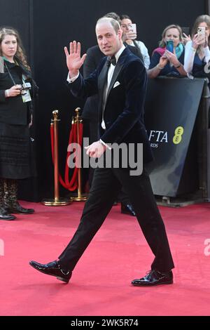 Londra, Regno Unito. 18 febbraio 2024. William, Prince of Wales partecipa agli EE BAFTA Film Awards 2023 alla Royal Festival Hall di Londra, Inghilterra, domenica 18 febbraio 2024. Foto di Rune Hellestad/ credito: UPI/Alamy Live News Foto Stock