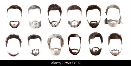 Collage di eleganti acconciature da uomo isolate sul bianco Foto Stock