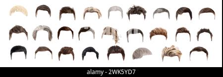 Collezione di eleganti acconciature da uomo isolate sul bianco Foto Stock