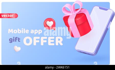 regalo per smartphone 3d. Evento negozio di smartphone, regali gratuiti acquisto di sconti su dispositivi mobili, acquisto di un negozio di telefono in apertura regalo premio d'amore realistico illustrazione vettoriale del regalo d'affari di smartphone Illustrazione Vettoriale