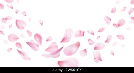 petali cadenti sakura 3d. Realistico petalo volante di fiori di ciliegio giapponese o di rosa, carta da parati panoramica per matrimoni o immagine vettoriale cosmetica di sfondo primaverile del fiore sakura Illustrazione Vettoriale