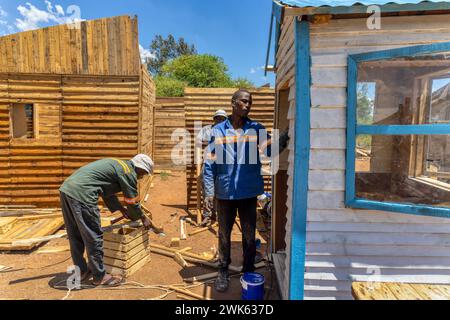 tre operai afroamericani che realizzano una casa wendy, capannoni di legno all'aperto, martellano pallet per realizzare tavole e assemblarli in pannelli Foto Stock