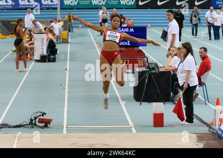 Lipsia, Germania. 18 febbraio 2024. Lipsia, Germania, 18 febbraio 2024: Mikaelle Assani (SCL Heel Baden-Baden) durante la finale di salto lungo ai Campionati tedeschi Indoor di atletica leggera 2024 nella quarterback Immobilien Arena di Lipsia (Sven Beyrich/SPP) crediti: SPP Sport Press Photo. /Alamy Live News Foto Stock