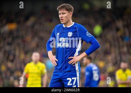 Rubin Colwill di Cardiff in attesa della prossima frase di gioco durante la partita del Campionato Sky Bet tra Norwich City e Cardiff City a Carrow Road, Norwich, sabato 17 febbraio 2024. (Foto: David Watts | mi News) crediti: MI News & Sport /Alamy Live News Foto Stock