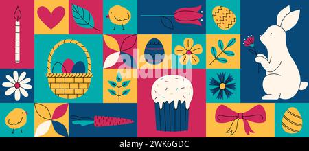 Composizione geometrica colorata per una buona Pasqua. Banner Web orizzontale. Illustrazioni vettoriali minimalistiche e alla moda Illustrazione Vettoriale