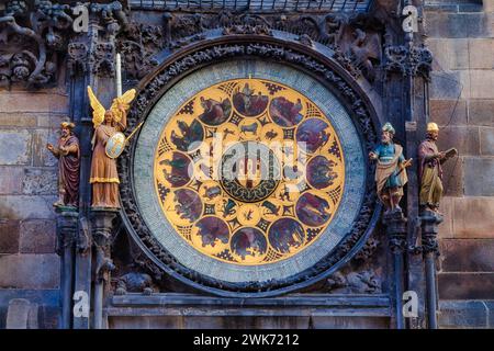 Dettaglio, famoso orologio astronomico medievale attaccato alla torre del vecchio municipio. Costruito nel 1410, è il più antico orologio funzionante del mondo Foto Stock