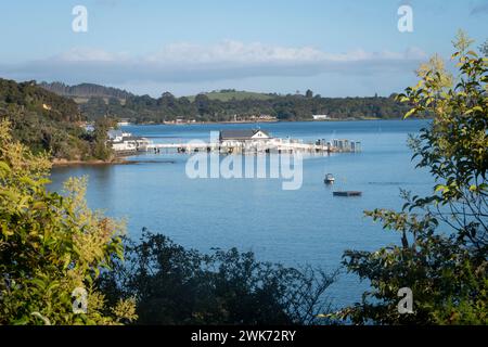 Molo a Paihia, Bay of Islands, Northland, North Island, nuova Zelanda Foto Stock