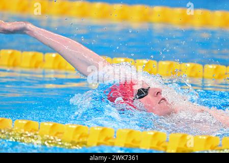 Doha, Qatar. 18 febbraio 2024. Max Litchfield della Gran Bretagna gareggia durante la finale individuale di nuoto maschile di 400 m ai Campionati mondiali di nuoto 2024 a Doha, Qatar, 18 febbraio 2024. Crediti: Xue Yuge/Xinhua/Alamy Live News Foto Stock