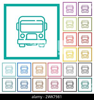 la vista frontale dello scuolabus delinea le icone a colori piatte con cornici quadrate su sfondo bianco Illustrazione Vettoriale