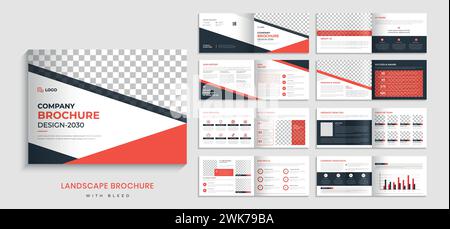 Progettazione di brochure di profili aziendali per il settore paesaggistico. Modello di design per brochure orizzontale di 16 pagine con forme creative Illustrazione Vettoriale