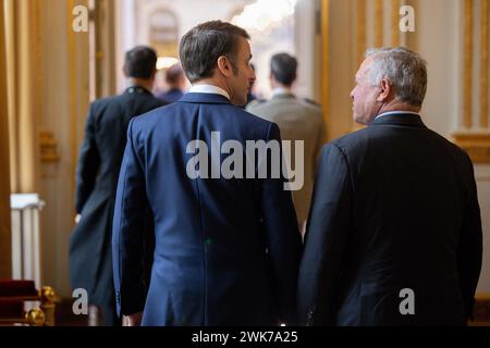 Parigi, Francia. 18 febbraio 2024. - L'oresudente francese Emmanuel Macron riceve re Abdullah II di Giordania, all'Elysee Palace, a Parigi, in Francia, il 16 febbraio 2024. Foto di Balkis Press/ABACAPRESS.COM credito: Abaca Press/Alamy Live News Foto Stock