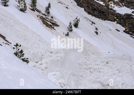 Resti di valanghe innevate in un Cirque de Gavarnie bianco a fine inverno (Gavarnie, Hautes-Pyrénées, Occitanie, Francia, Pirenei) Foto Stock