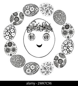 Personaggio uovo con occhi, sorriso e corona di fiori, foglie. L'uovo è impresso in una cornice rotonda di uova di Pasqua, che sono riempite di vari ornamenti. Disegno del contorno nero su sfondo bianco. Doodle Foto Stock