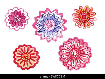 Set di fiori decorativi su sfondo bianco. Riempito di vari ornamenti e colori. Acquerello. Diverse tonalità di rosa, rosso, blu, arancione. Linee, punti, zigzag, onde. Stilizzazione. Foto Stock