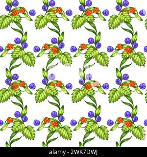 Fragole acquerello. motivo di acquerello di fragole rosse. Sfondo ad acquerello senza cuciture. Sfondo acquerello con mirtilli, foglie, frutti di bosco Foto Stock