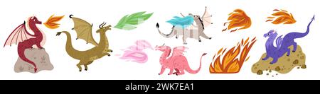 Draghi che sputano fuoco. Creature mitiche dei cartoni animati. Volando rettili favolosi. Mostri folcloristici leggendari. Animali alati e corni. Fiamme accese. M Illustrazione Vettoriale