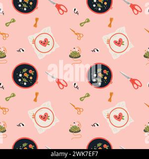 Ricami a cartoni animati con motivo a cerchio rotondo senza cuciture. Artigianato fatto a mano. Hobby creativo. Cuciture filettate. Forbici o aghi. Strumenti per cucire. Opere d'arte Illustrazione Vettoriale